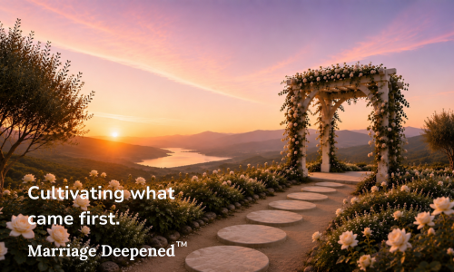 Sunset over a scenic landscape with a stone pathway, floral arch, and blossoming bushes.