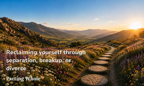 A scenic mountain landscape during sunset with a winding stone path through colorful wildflowers, accompanied by inspirational text about reclaiming oneself after separation or breakup.