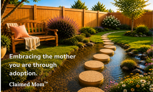 A backyard garden with a wooden bench, colorful flowers, a stepping stone path over a small pond, and a wooden fence in the background. Text overlay reads, "Embracing the mother you are through adoption. Claimed Mom™."