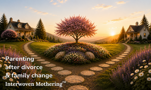 A picturesque garden scene at sunset with a central pink flowering tree surrounded by colorful flowers, two houses in the background, and a curved stone pathway. Text overlays mention parenting after divorce, family change, and interwoven mothering.