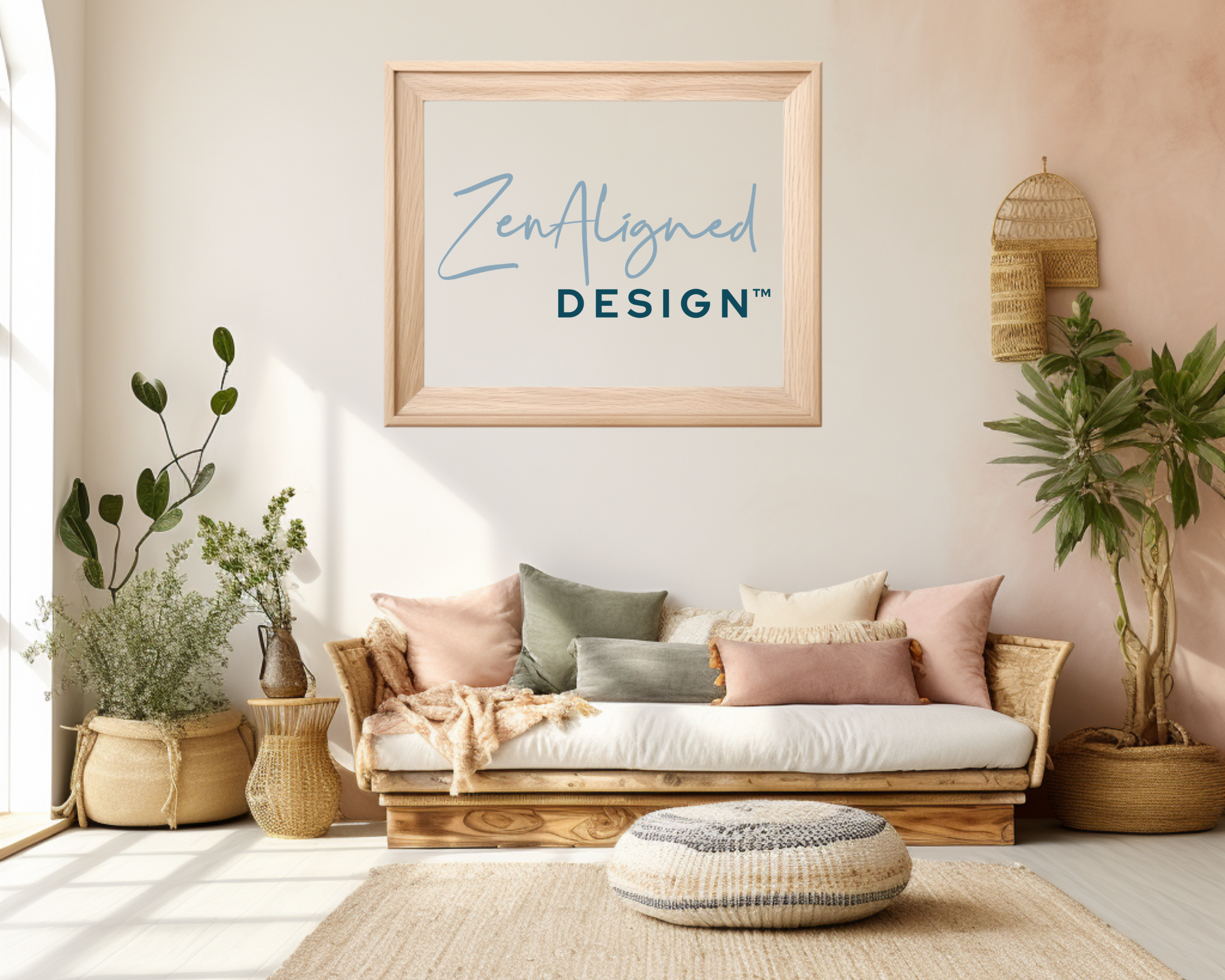 Living room with a natural wood-framed sign reading 'ZenAligned DESIGN™'