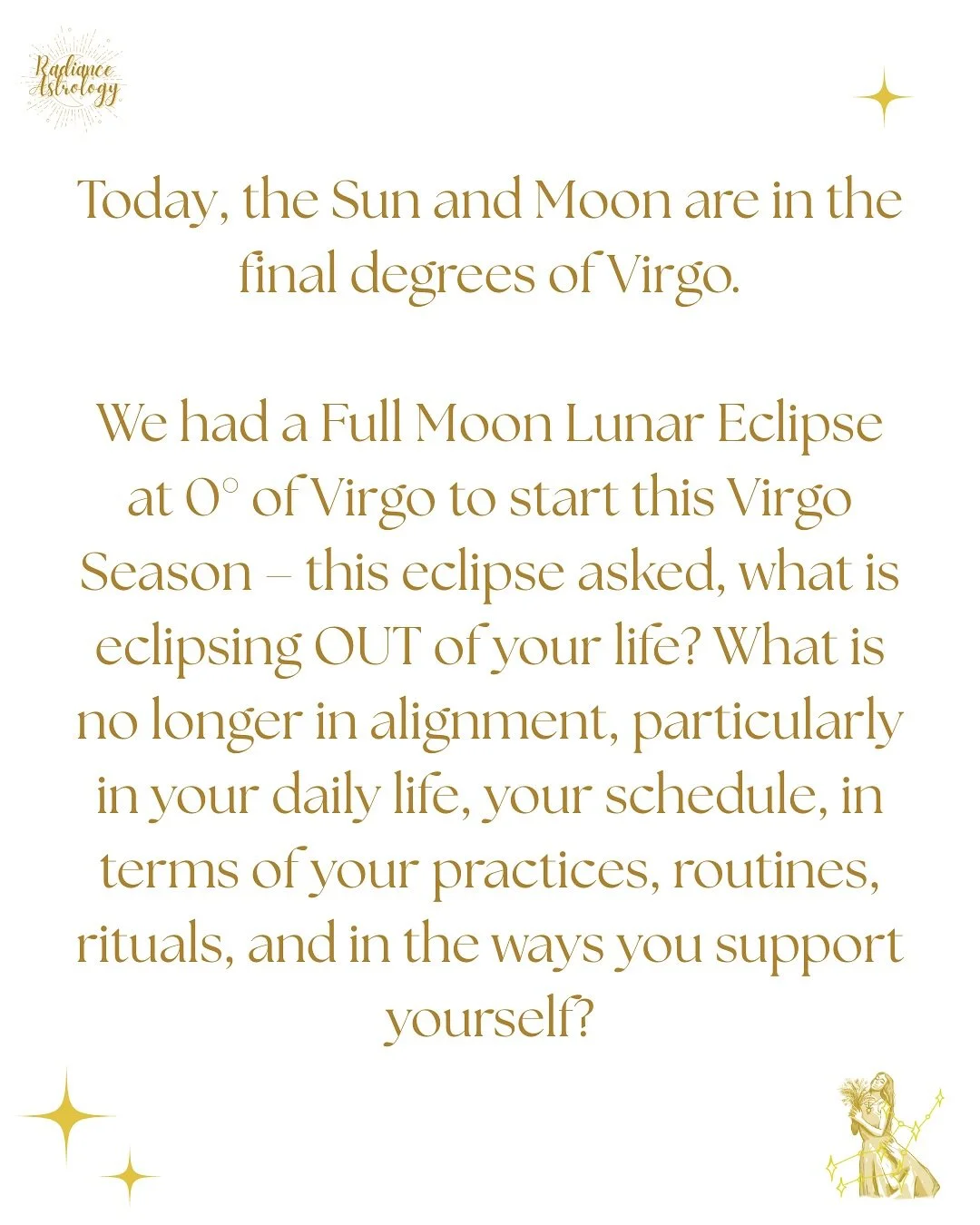 Today, the Sun and the Moon are in the final degrees of Virgo ♍️ There&rsquo;s a lot on the altar energetically, and I hope this excerpt from today&rsquo;s Radiance Blog post helps support you through it ✨

How are you feeling today? What&rsquo;s com