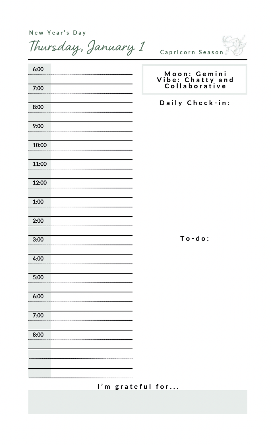 A New Year's Day planner page for Thursday, January 1, with time slots from 6:00 to 8:00, featuring sections for daily check-in and to-do list, a moon and vibe description indicating Gemini and chatty, collaborative energy, and a gratitude prompt at the bottom.
