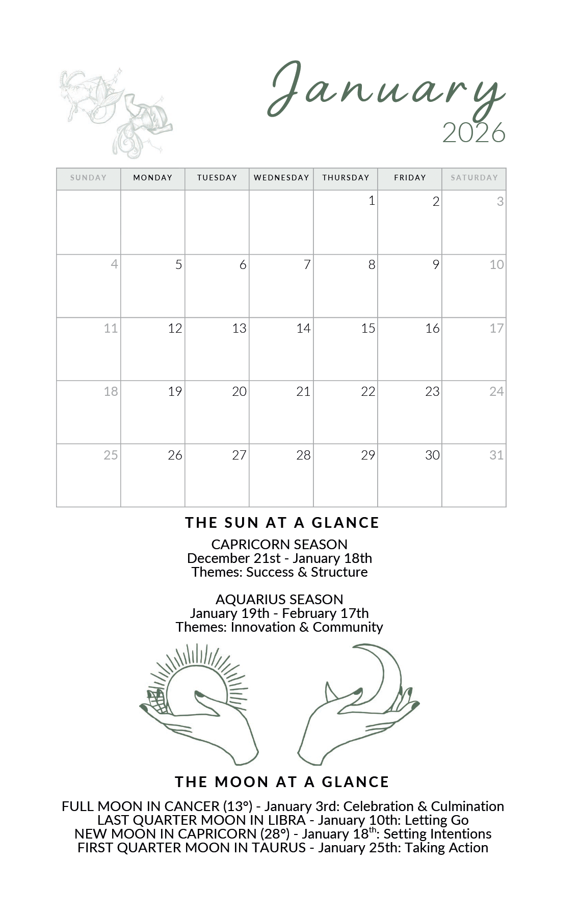 January 2026 calendar with illustrations of a fairy and a butterfly in the top left corner, and themes of zodiac signs and moon phases at the bottom, including the sun and moon illustrations, with detailed descriptions of astrological events and moon phases for January.