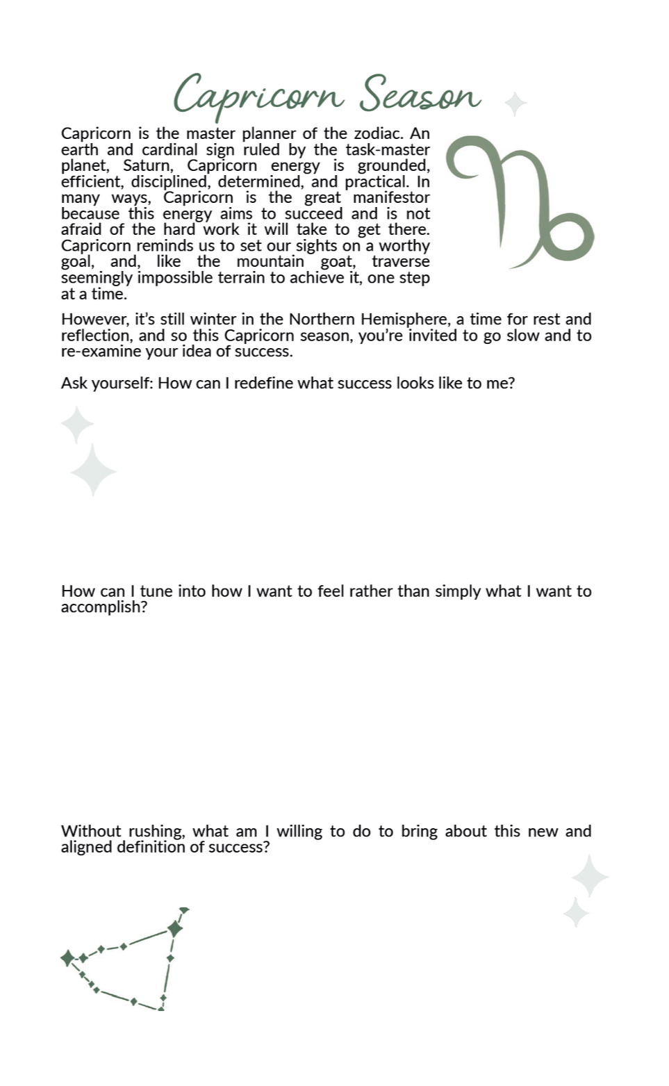 A motivational text page about Capricorn season, featuring a large Capricorn zodiac symbol and a constellation diagram at the bottom. The page includes reflections on success, feelings, and personal growth.