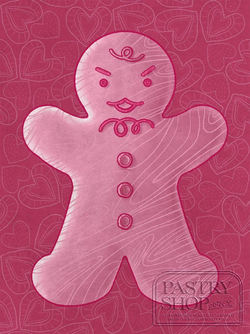 A digital illustration of a strawberry flavored gingerbread man with a mischievous face, decorated with pink icing swirls and buttons, set against a dark pink background patterned with strawberry halves.