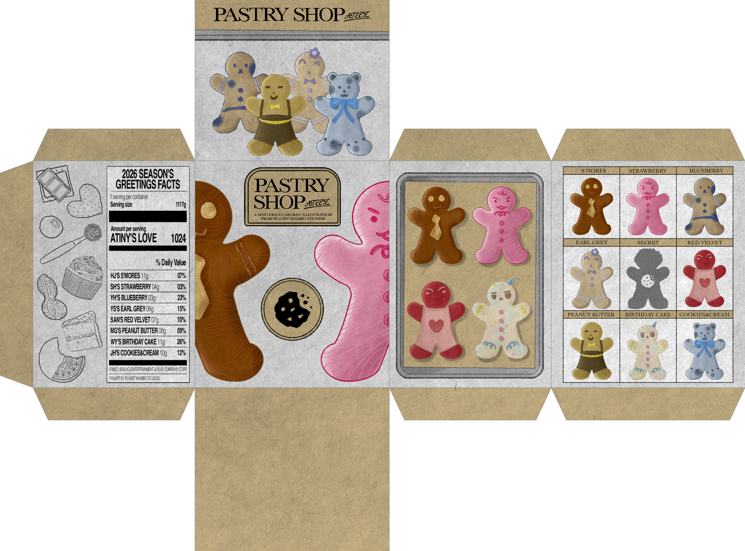 A mock-up of a pastry shop themed blind box, featuring a front cover and lid with the different details of gingerbread cookies, side panels with nutrition labels and cookie tray, and a back panel with all available flavors.