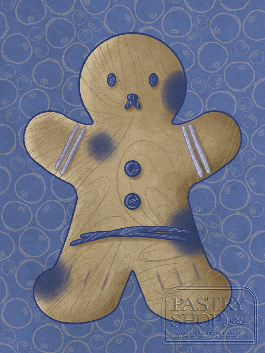 Decorative gingerbread man shape with blue accents on a blue patterned background.