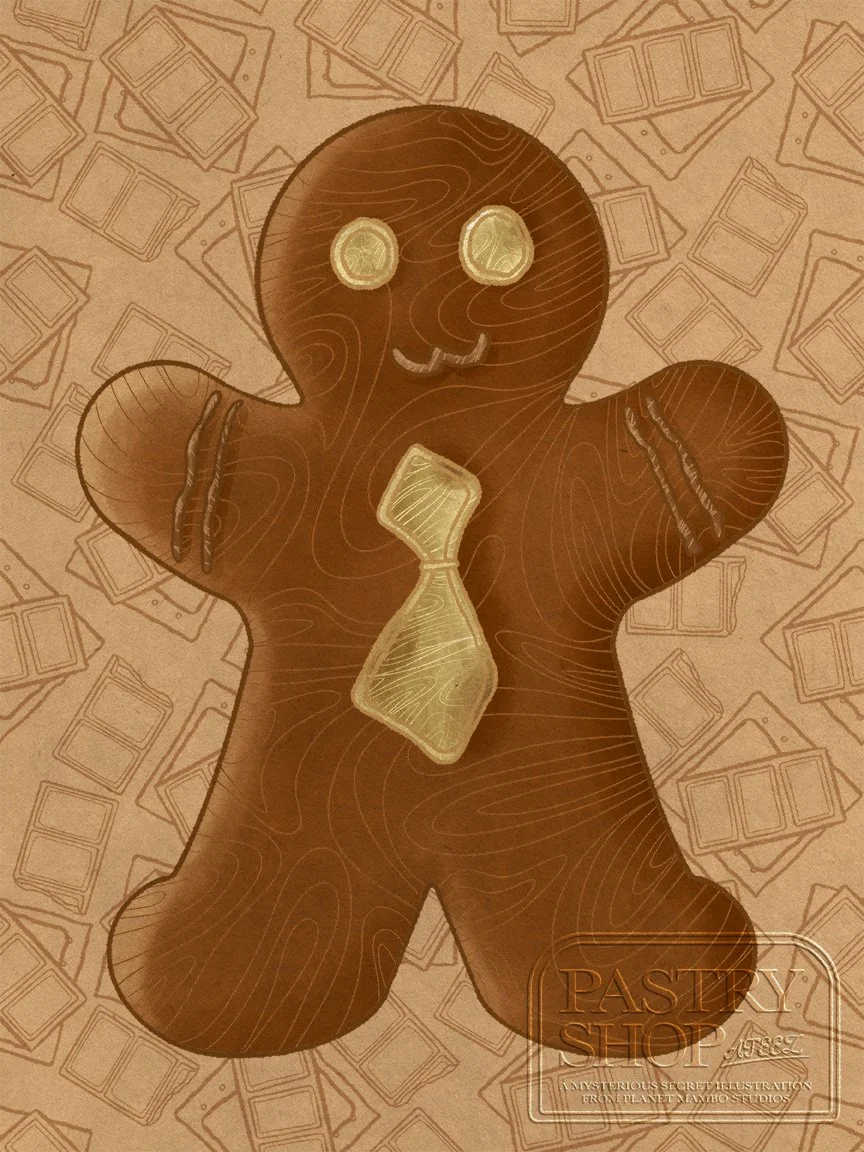 A digital illustration of a s'mores flavored gingerbread man with a derpy face, decorated with a yellow icing tie, set against a tan background patterned with s'mores ingredients: chocolate bars, and graham crackers.