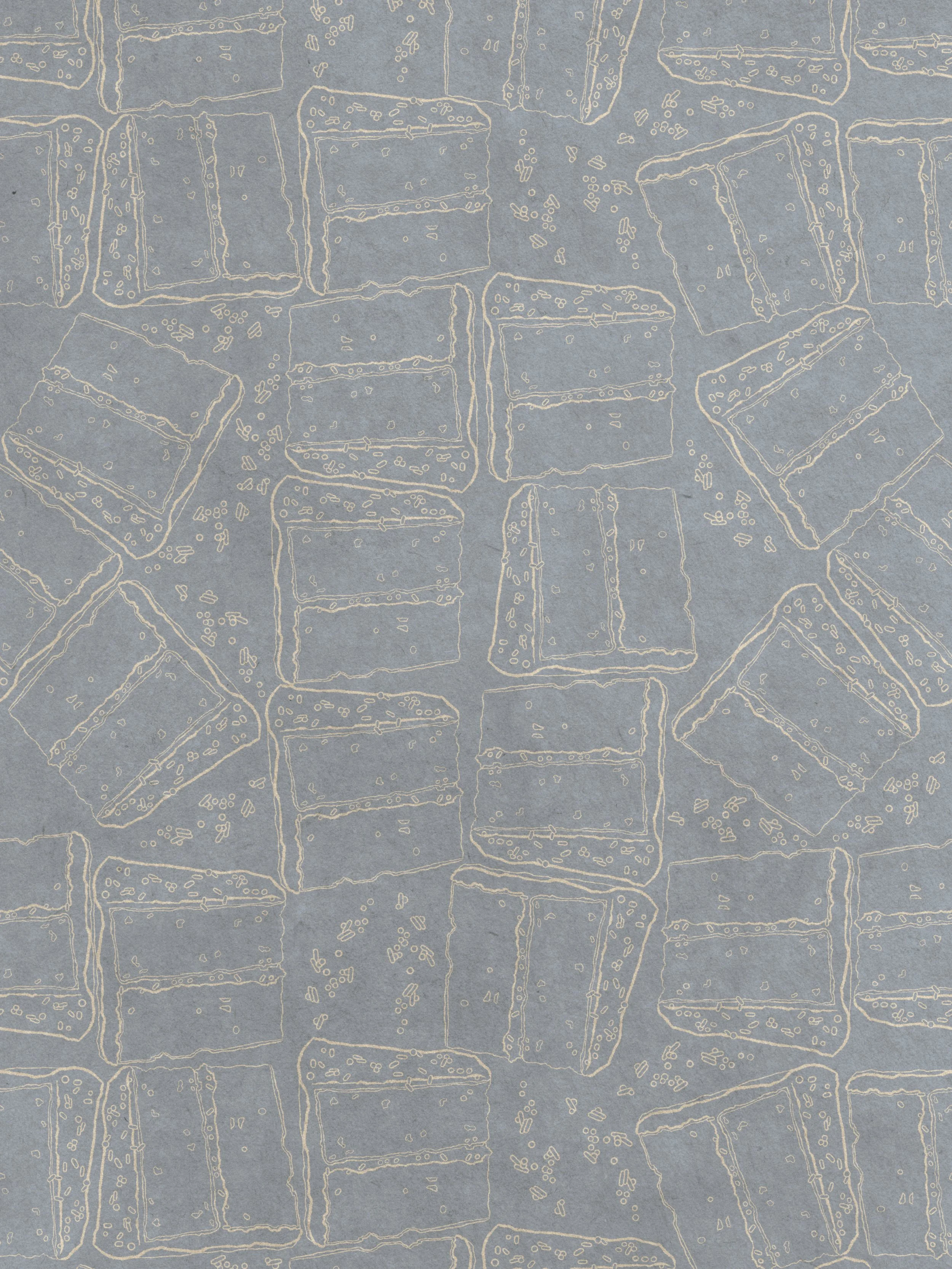 Line drawing of cake slices with scattered cake crumbs on a textured gray background.