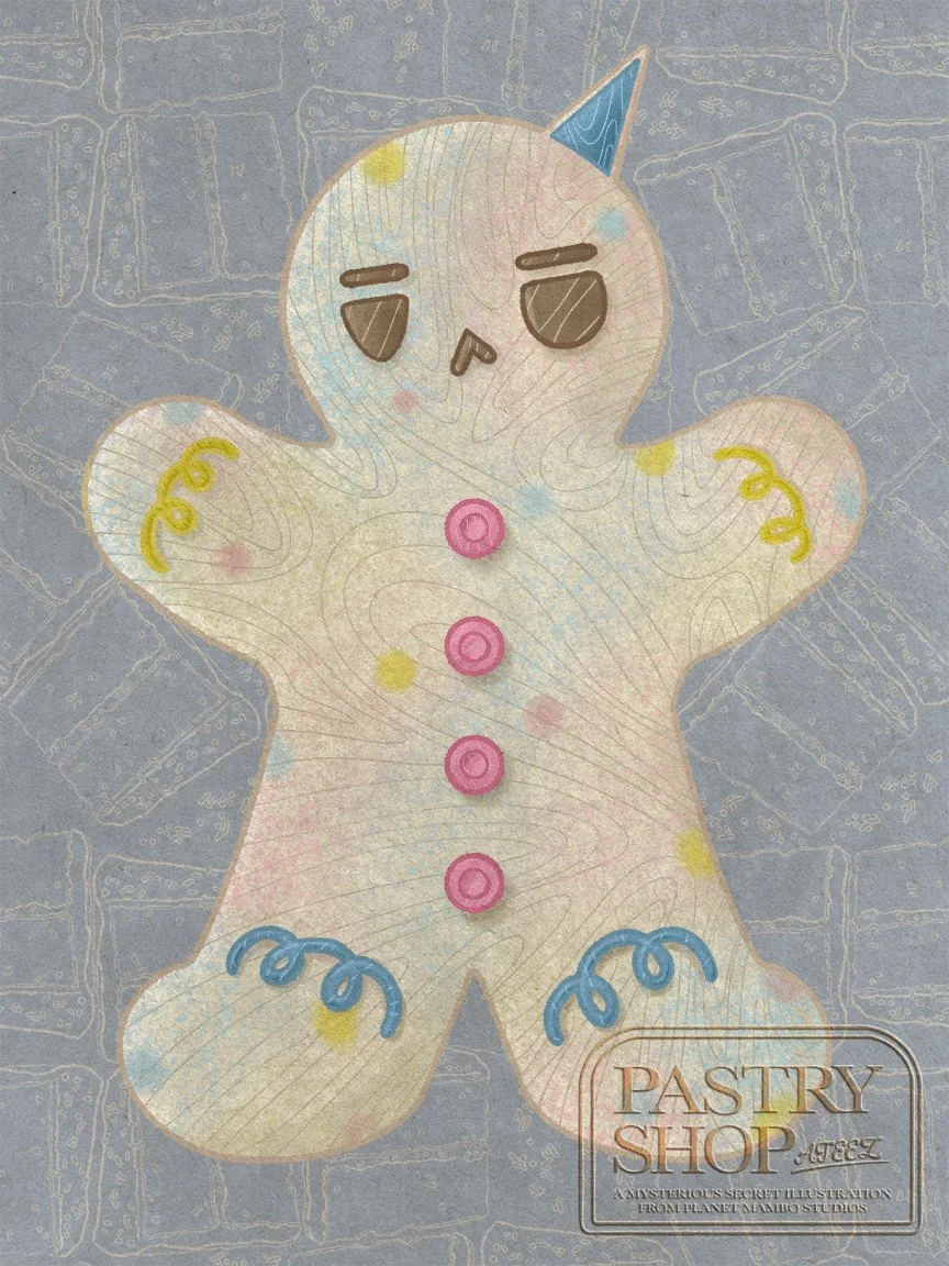 A digital illustration of a birthday confetti cake flavored gingerbread man with a frowning face, a light blue party hat on the right, and decorated with pink buttons, set against a light gray background patterned with birthday cake slices.