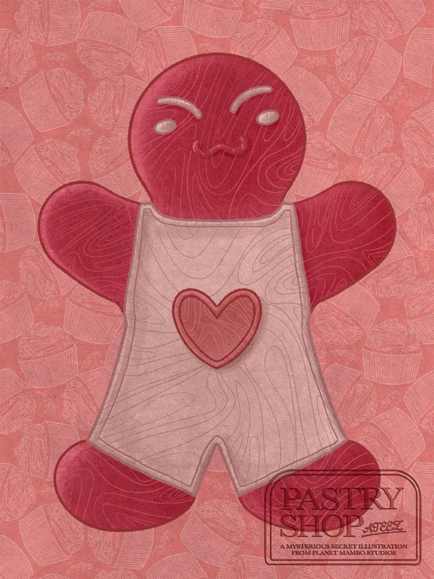 A cute gingerbread man with a happy face, white eyebrows, and a heart on its chest. It is standing against a pink background with cupcake illustrations and has the words "Pastry Shop" at the bottom right.