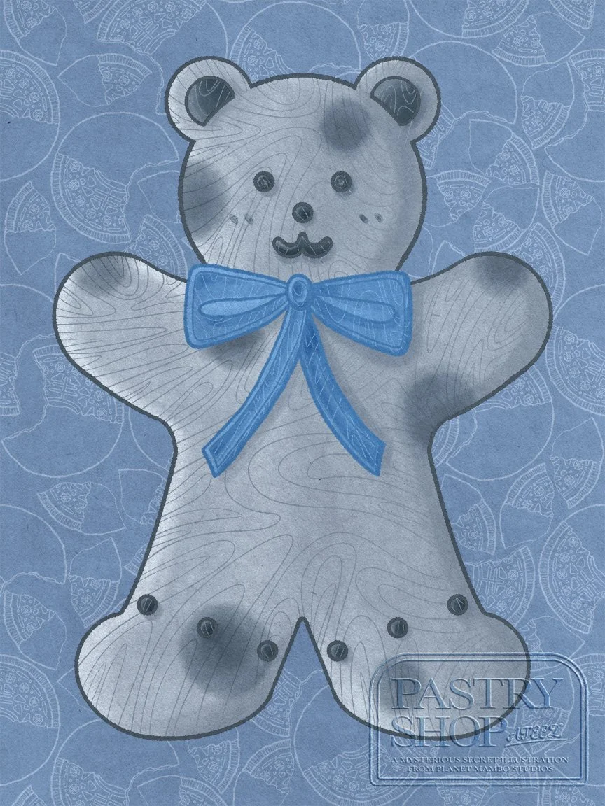 Decorative illustration of a teddy bear-shaped cookie with a blue bow, featuring a light woodgrain pattern and marked with black dots, set against a blue background with a leaf-like pattern, with a watermark reading "Pastry Shop" in the bottom right corner.