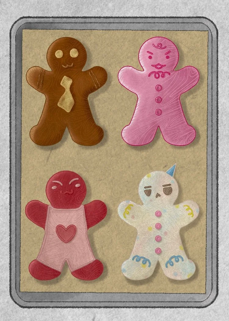 A detail of a pastry shop themed blind box side panel, featuring a cookie tray of four flavors out of the nine available in the collection.