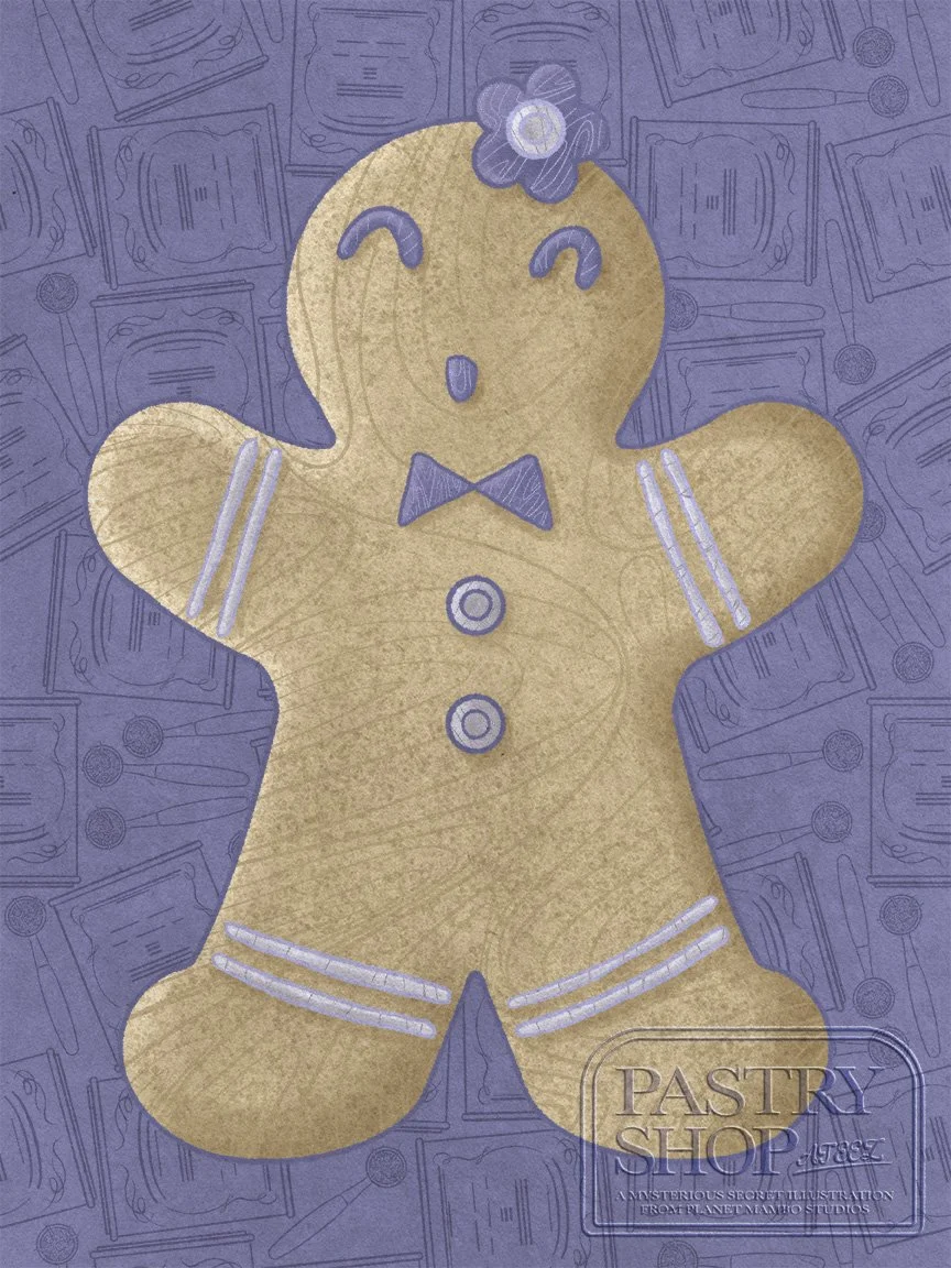 A digital illustration of an earl grey flavored gingerbread man with a sweet face, decorated with purple icing buttons and a purple flower on the right of its head, set against a dark purple background patterned with earl grey tea tins and spoons.