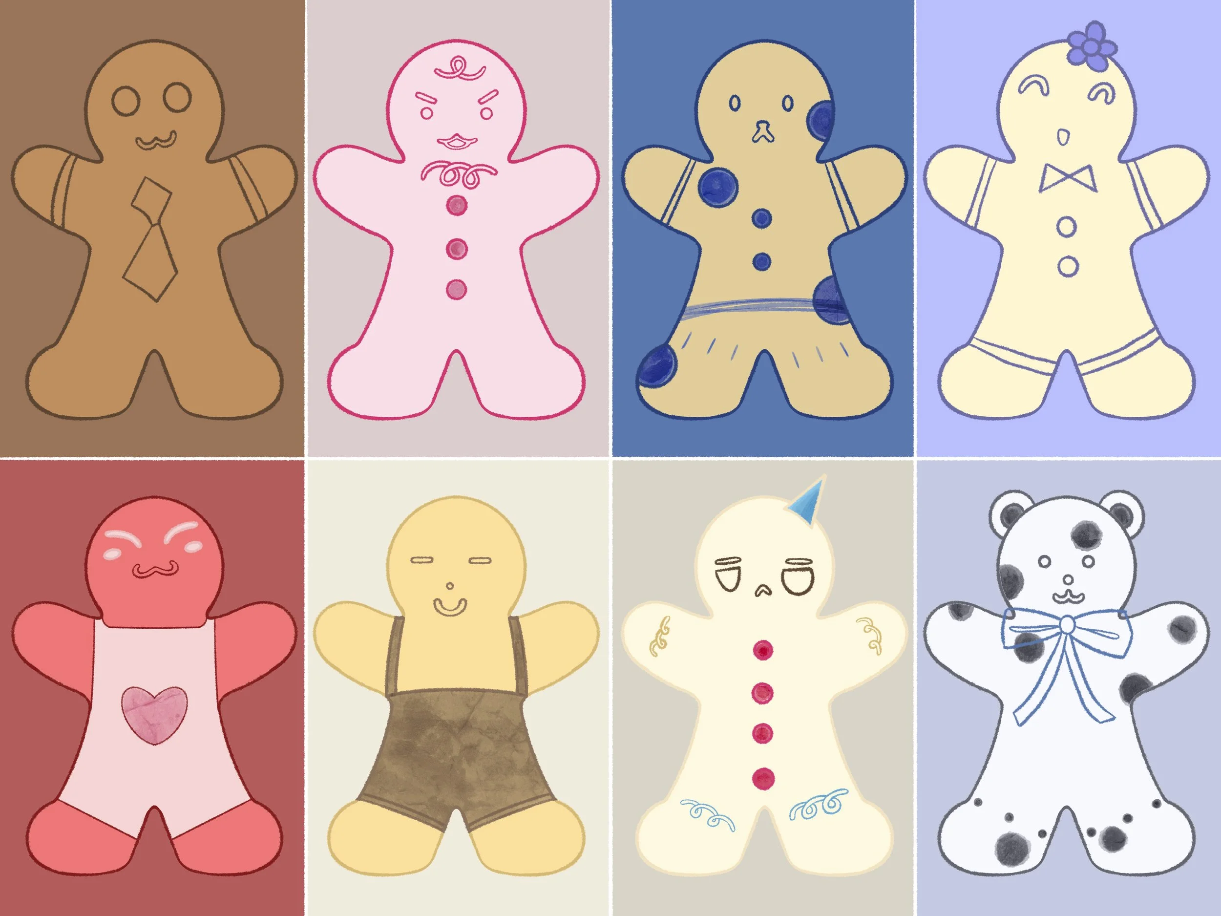 A sketch and ideation example of eight flavored gingerbread cookies for illustrations.