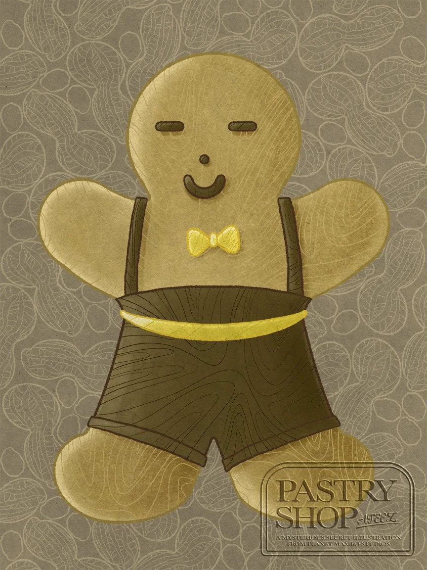 A digital illustration of a peanut butter flavored gingerbread man with a smiling face, a yellow bow tie, and a brown suspender outfit, set against a light brown patterned background of peanut and peanut shells.