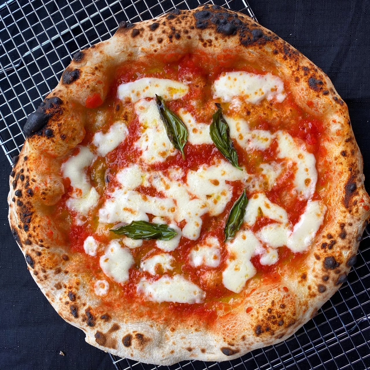 Neapolitan pizza with tomato, mozzarella, and basil on a cooling rack.