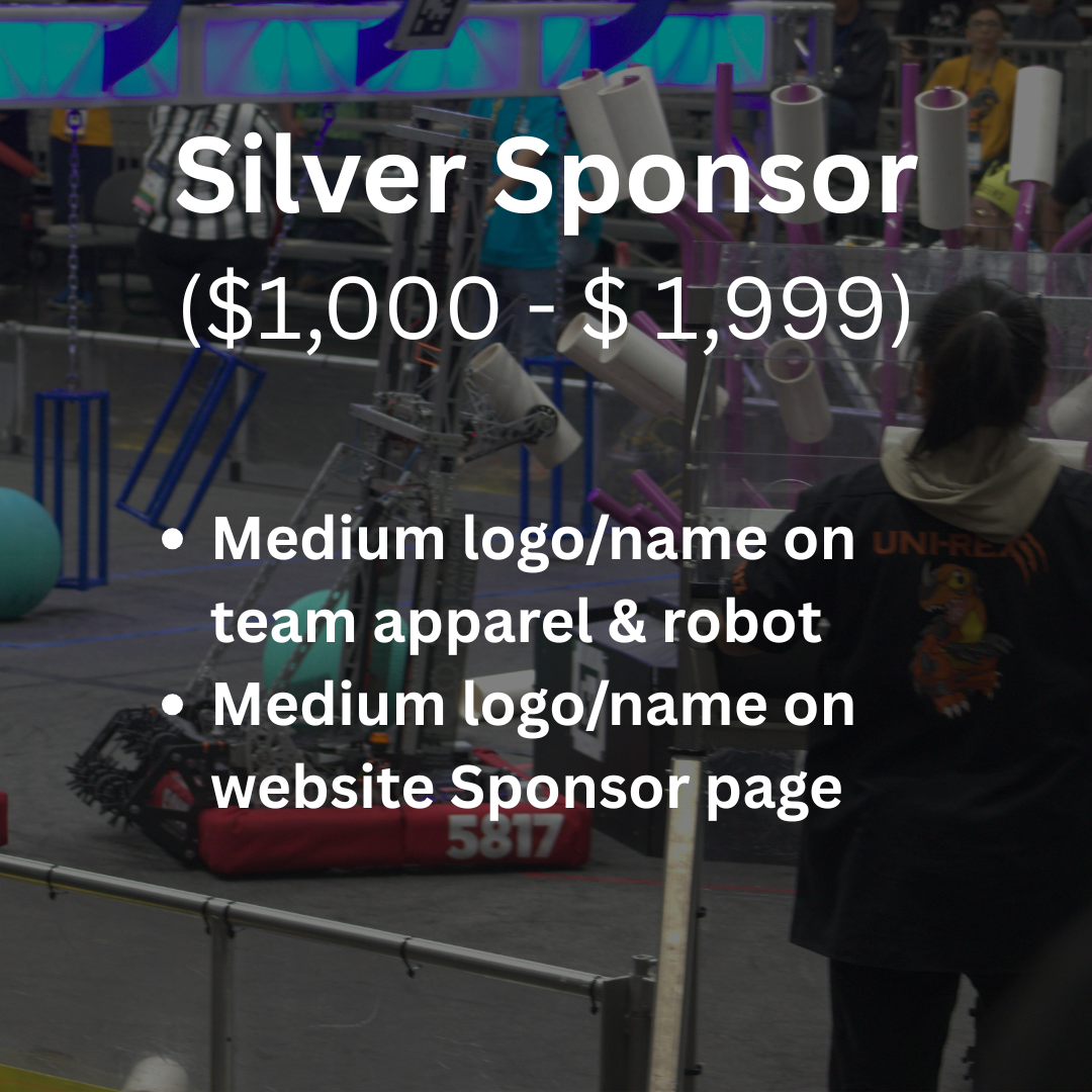 Presentation slide outlining requirements for Silver Rewards, including website logo, team logo on attire or banner, and a student-signed thank you letter, with a blurred background of a robotics competition.