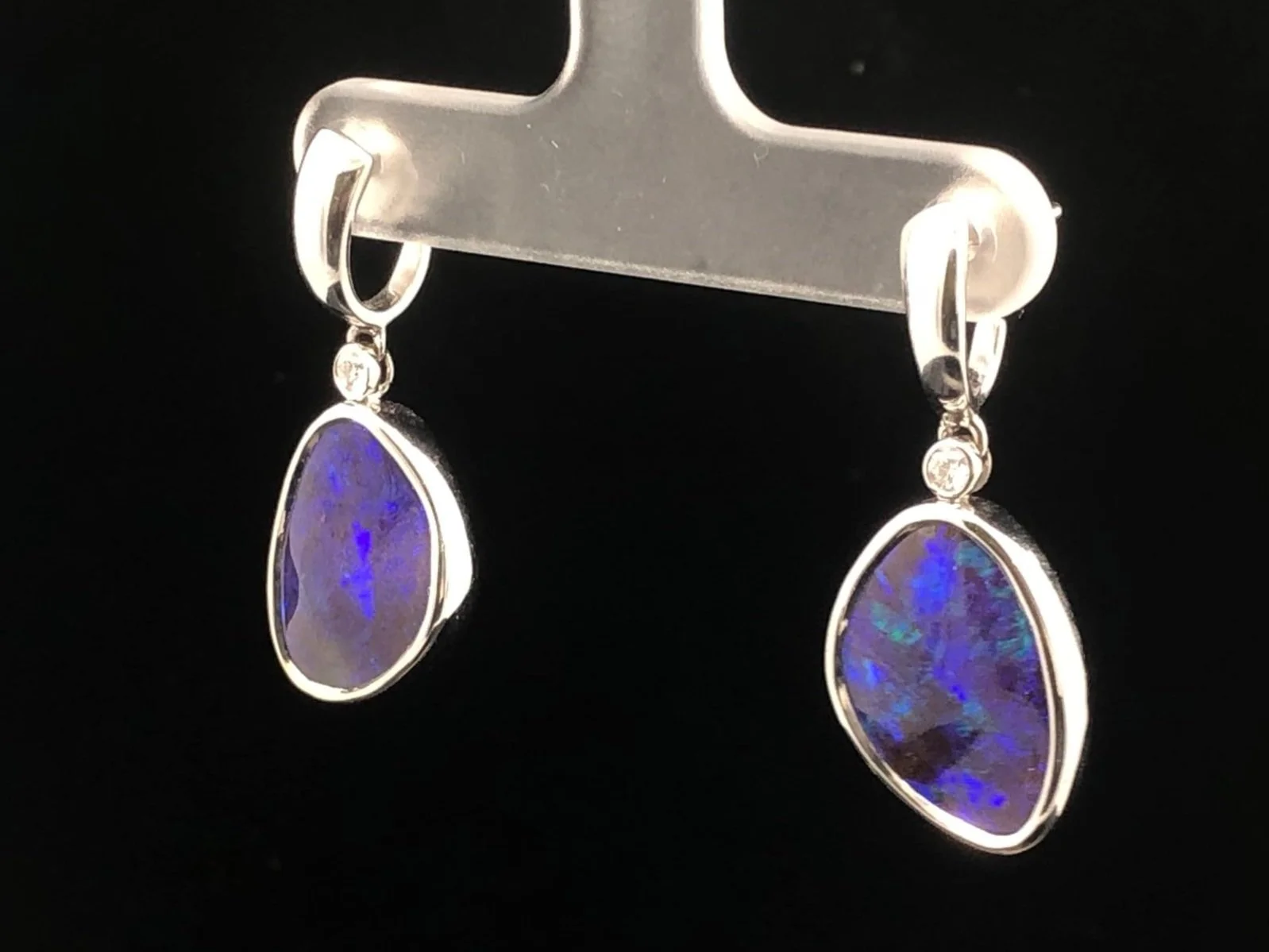 Right side 18K White Gold Queensland Boulder Opal and Diamond Earrings
