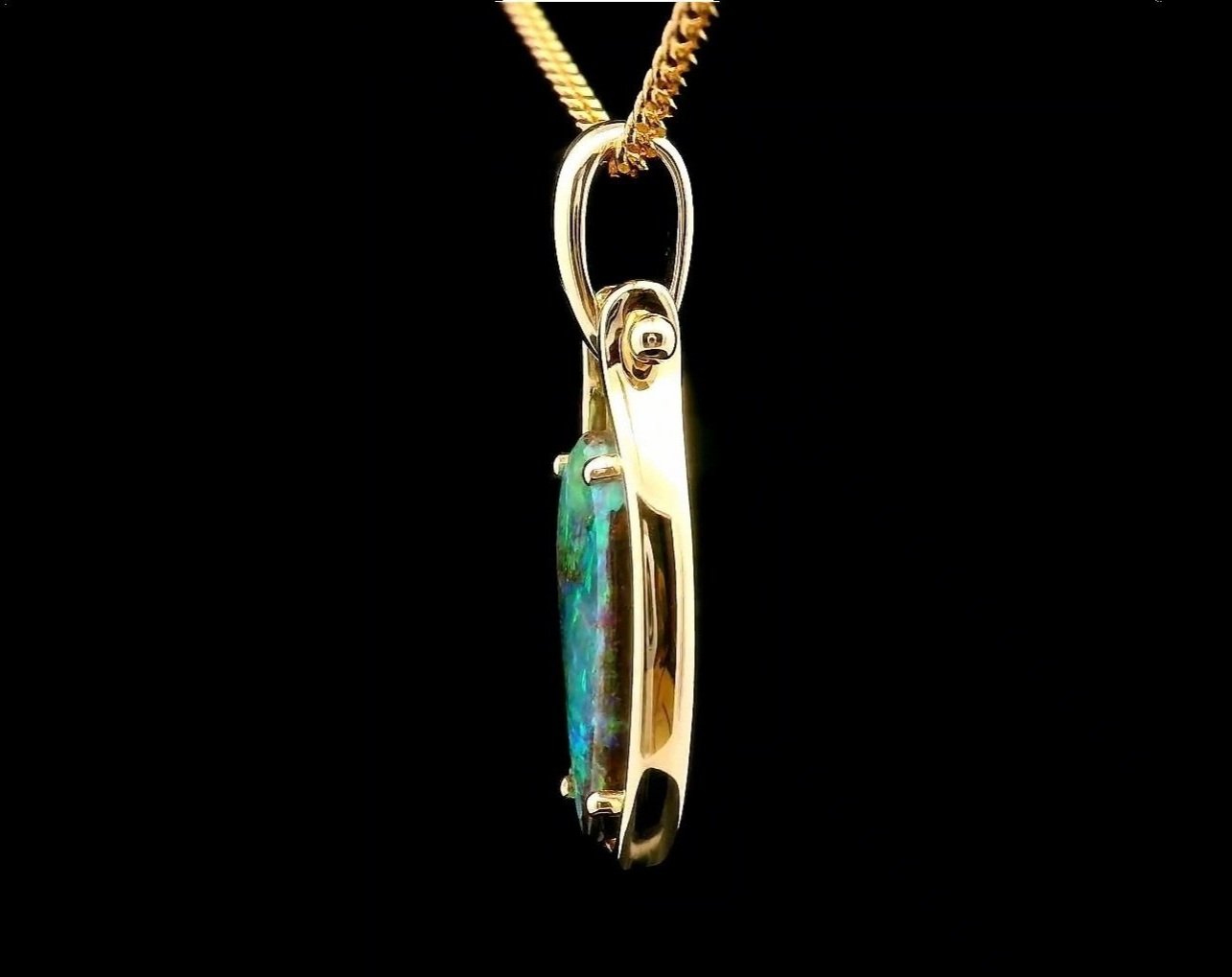 Left side view 14K Yellow Gold Queensland Boulder Opal Pendant
