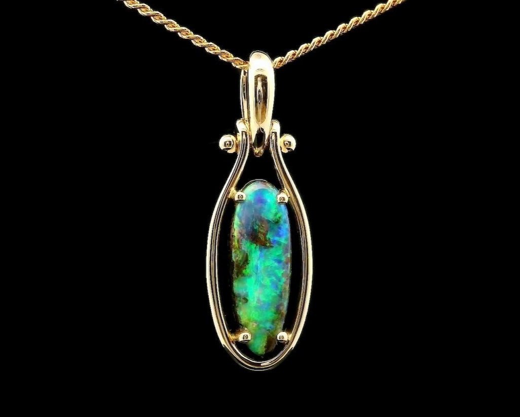 Front view 14K Yellow Gold Queensland Boulder Opal Pendant