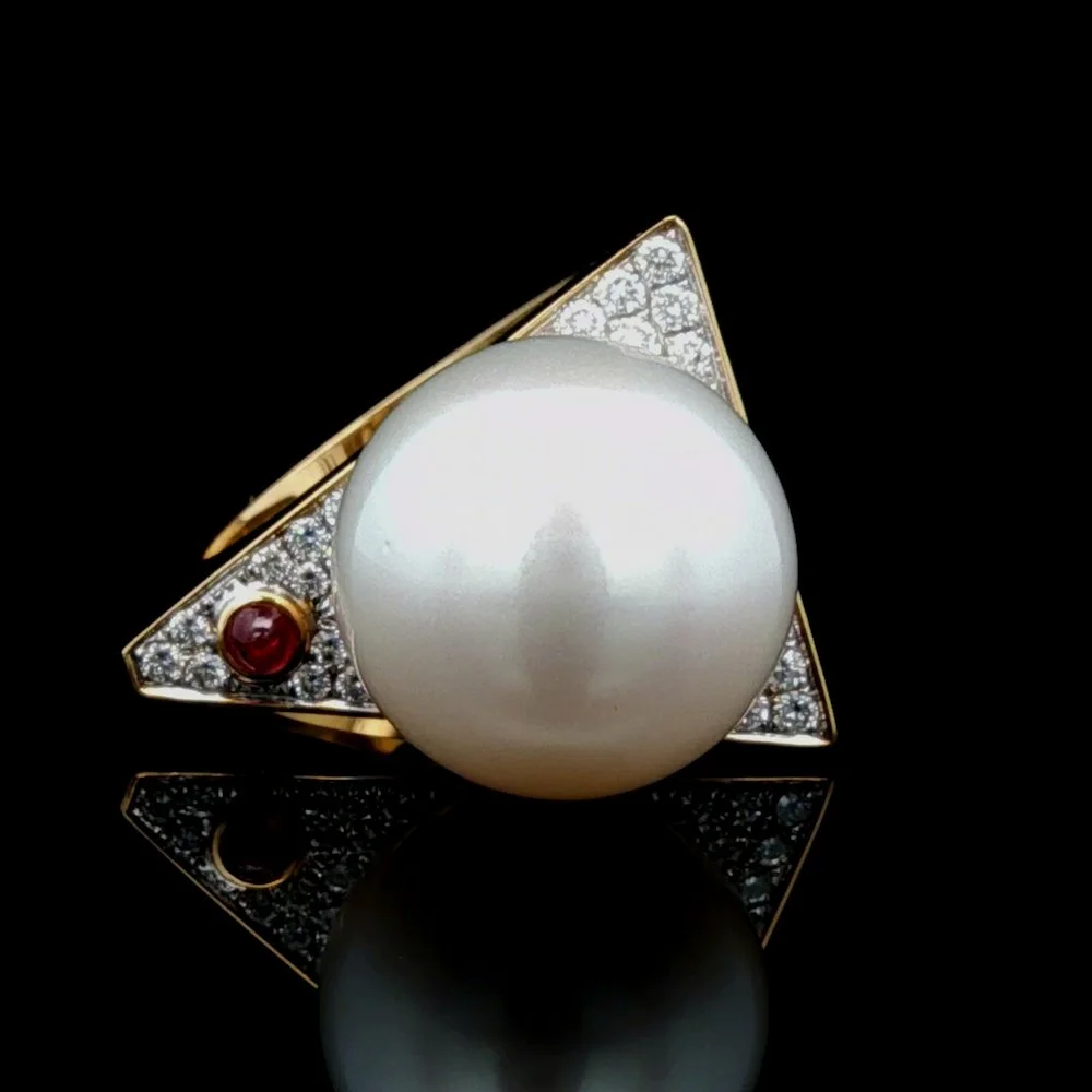 18K Yellow Gold South Sea Pearl, Ruby and Diamond Ring