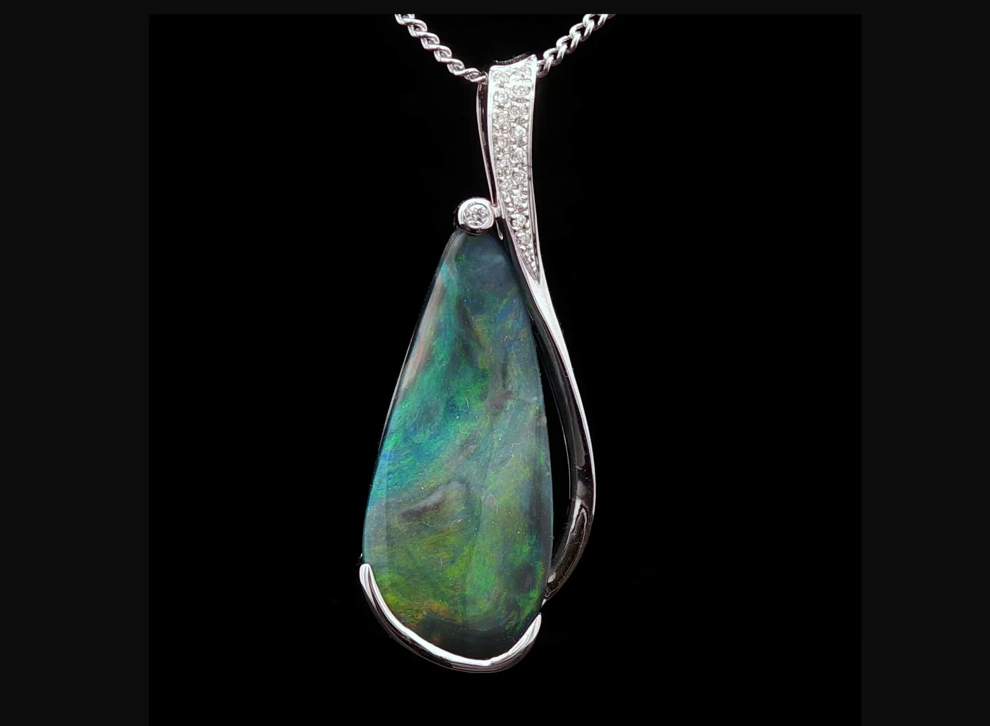 14K White Gold Lightning Ridge Black Opal and Diamond Pendant