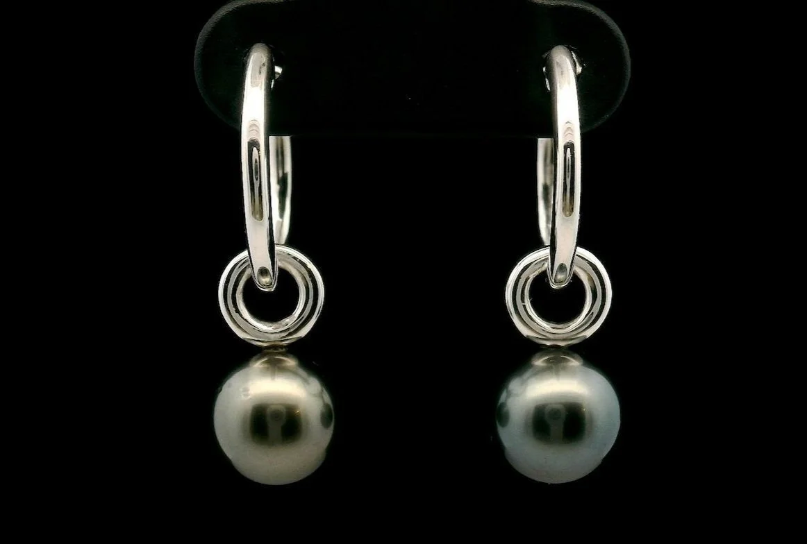 Front view Sterling Silver Tahitian Pearl Earrings
