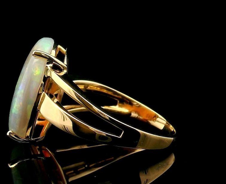 Left side View 14K Yellow Gold Coober Pedy Light Opal and Diamond Ring