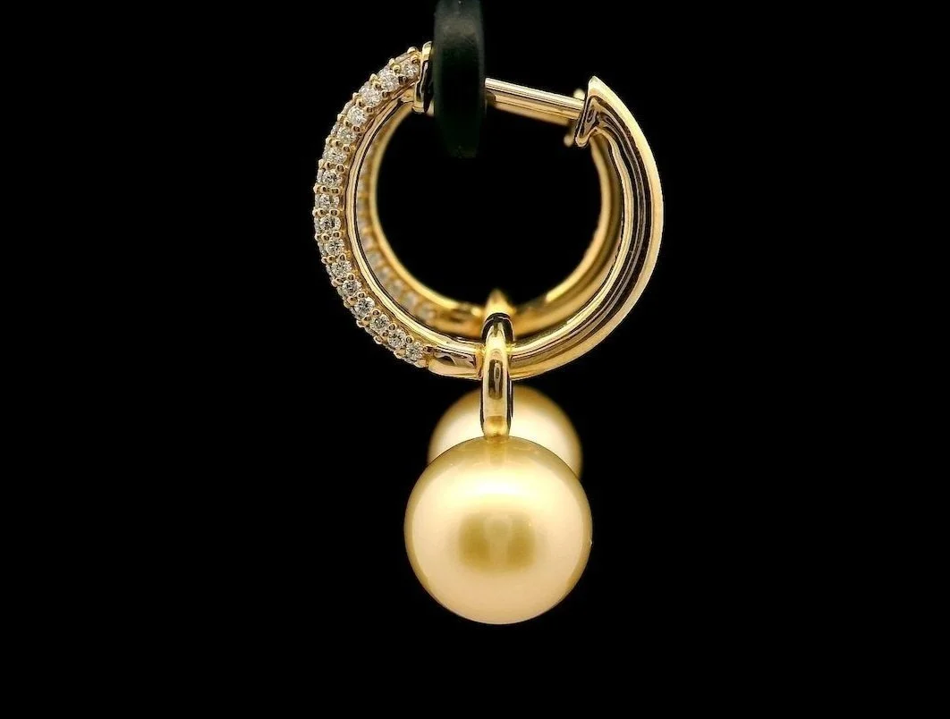 Left side view 9K Yellow Gold South Sea Pearl and Diamond Earrings