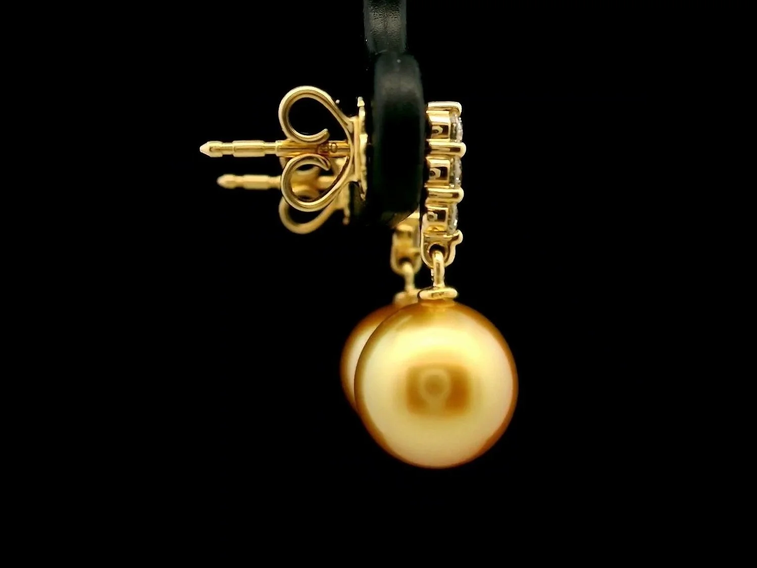 Right side view 18K Yellow Gold South Sea Pearl and Diamond Earrings