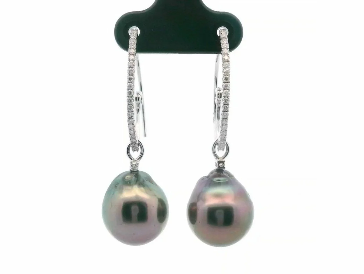 Front view 14K White Gold Tahitian Pearl and Diamond Earrings