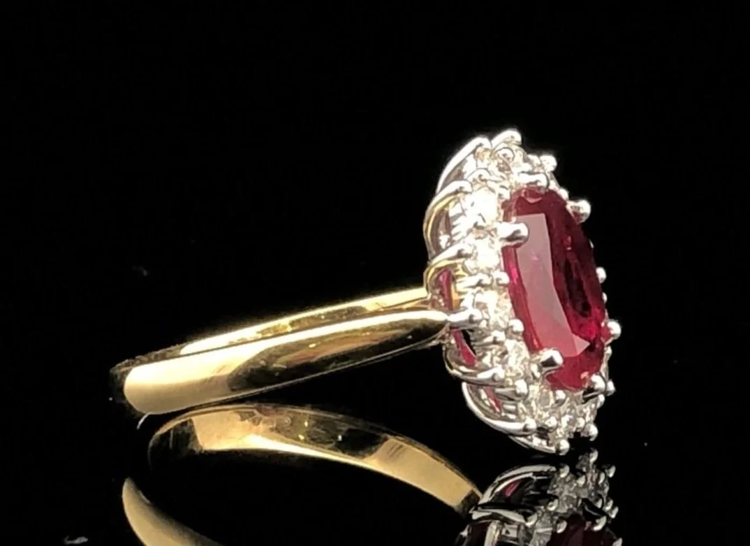 Side-on view 18K Yellow and White Gold Madagascan Ruby Ring