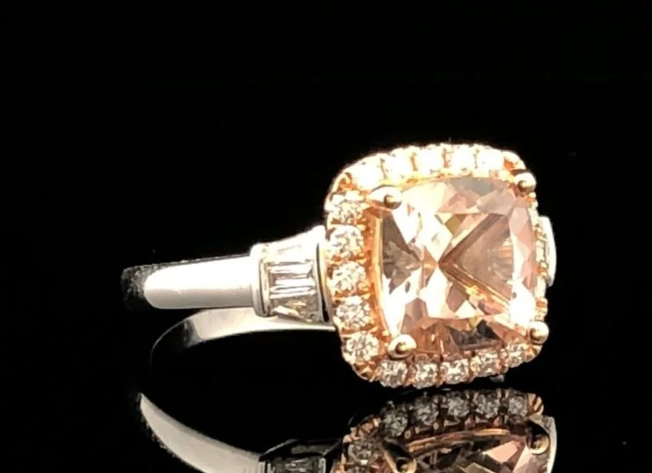 Corner view 18K White and Rose Gold Morganite Ring