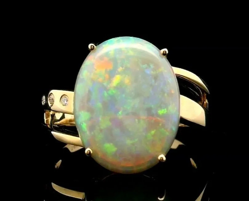 Front view 14K Yellow Gold Coober Pedy Light Opal and Diamond Ring