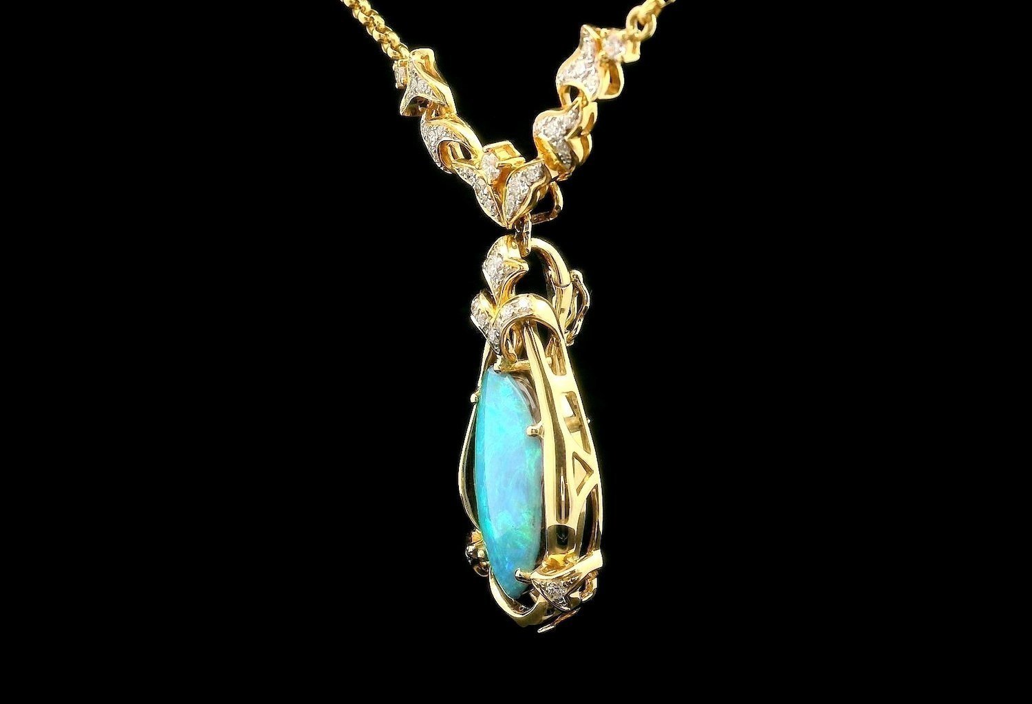 Left view 18K Yellow Gold Queensland Boulder Opal and Diamond Necklace