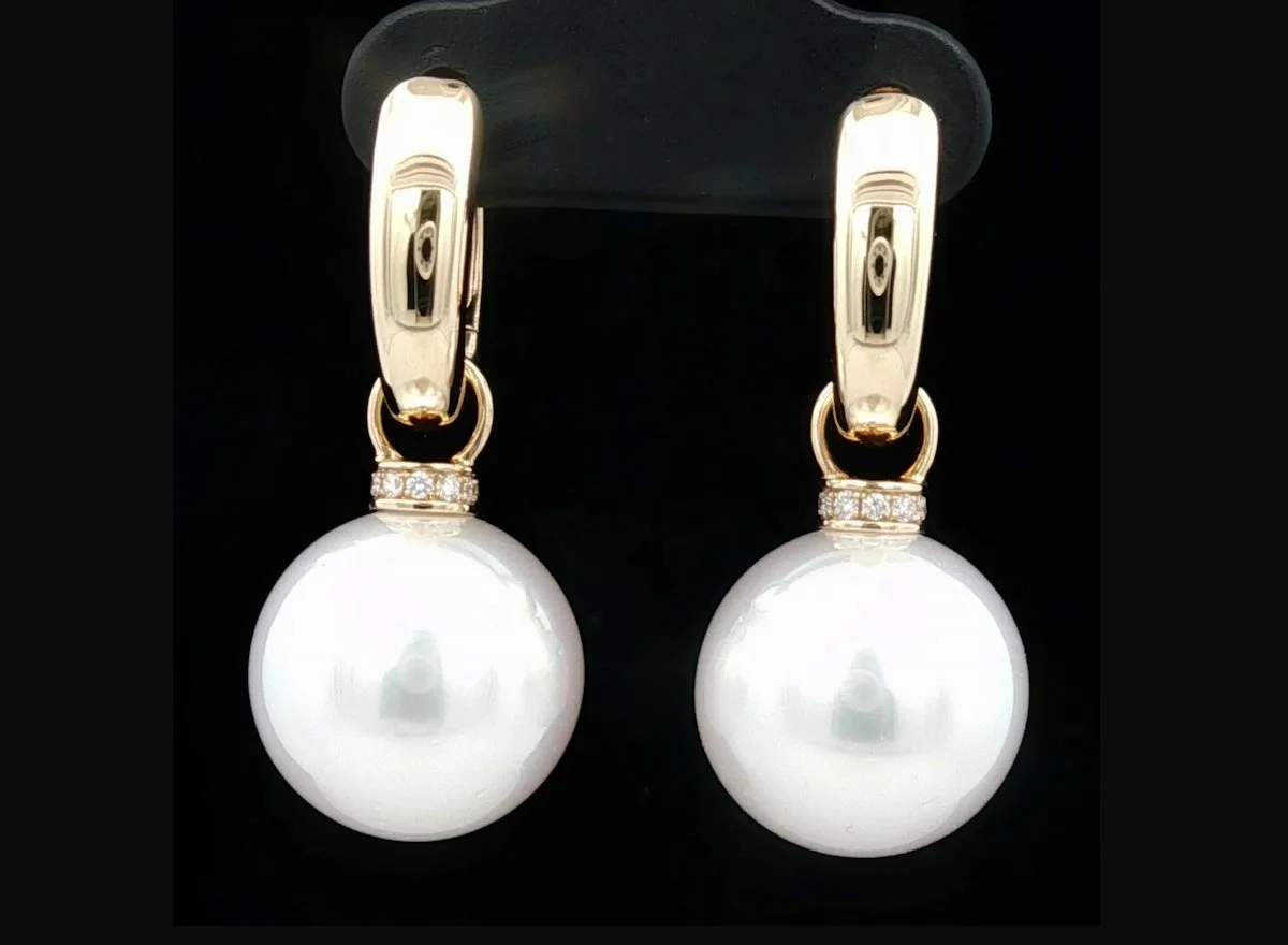 18K Yellow Gold South Sea Pearl and Diamond Earrings