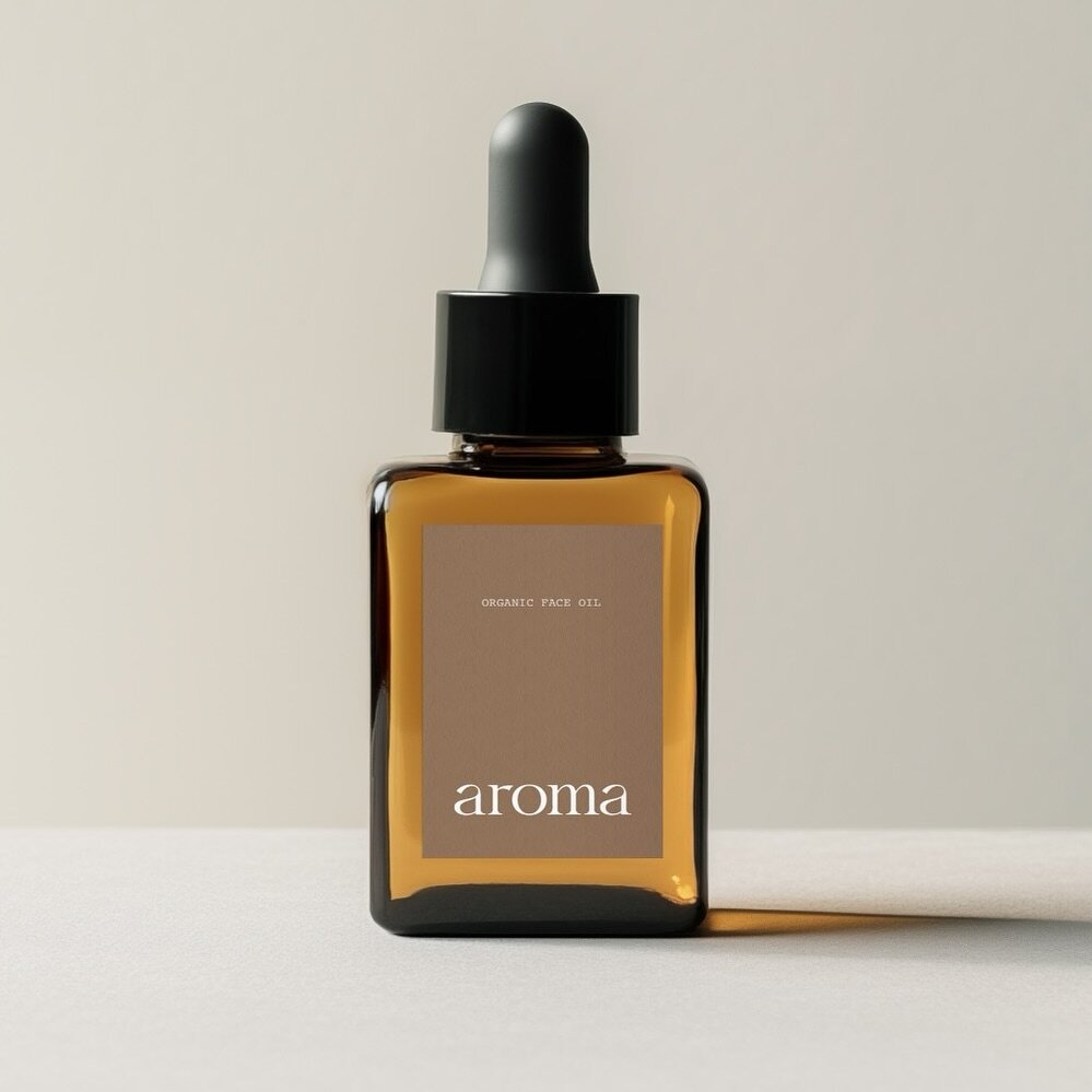 Aroma organic face oil. Product packaging design. Minimal and timeless.