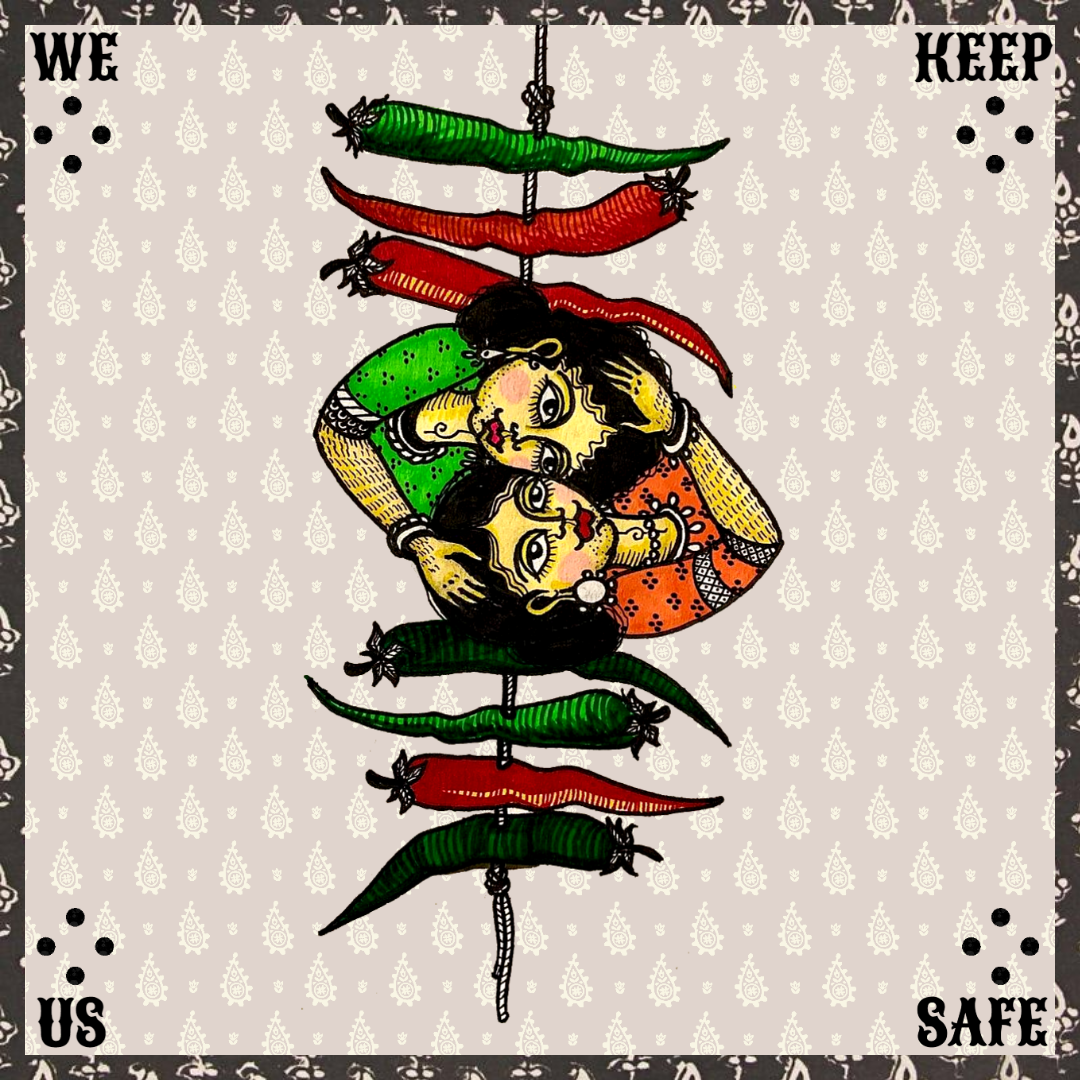 "we keep us safe" (watercolor, ink, acrylic, chai on cotton rag), 15 x 15"