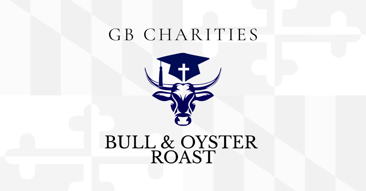 Logo for GB Charities featuring a bull's head with a graduation cap, a cross, and text that reads 'GB Charities' and 'Bull & Oyster Roast'.