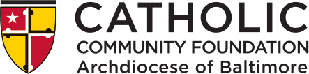 Logo of the Catholic Community Foundation of the Archdiocese of Baltimore, featuring a shield with red and yellow crosses and a black church silhouette.
