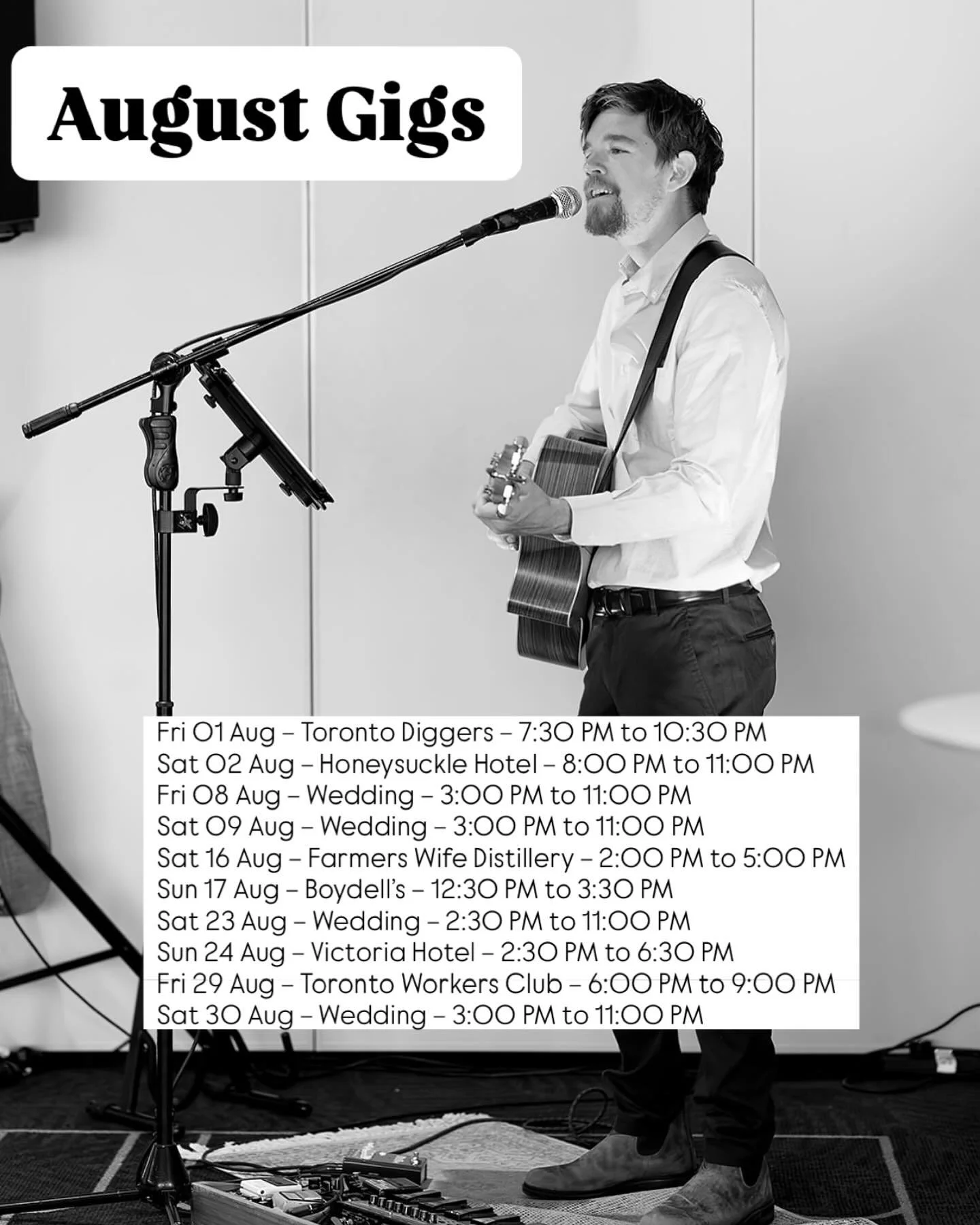 August 2025! Back from NZ and ready to play some tunes.
Fri 01 Aug &ndash; @torontodiggers 
Sat 02 Aug &ndash; @honeysucklehotel 
Fri 08 Aug &ndash; Wedding 
Sat 09 Aug &ndash; Wedding
Sat 16 Aug &ndash; @farmerswifedistillery 
Sun 17 Aug &ndash; @bo