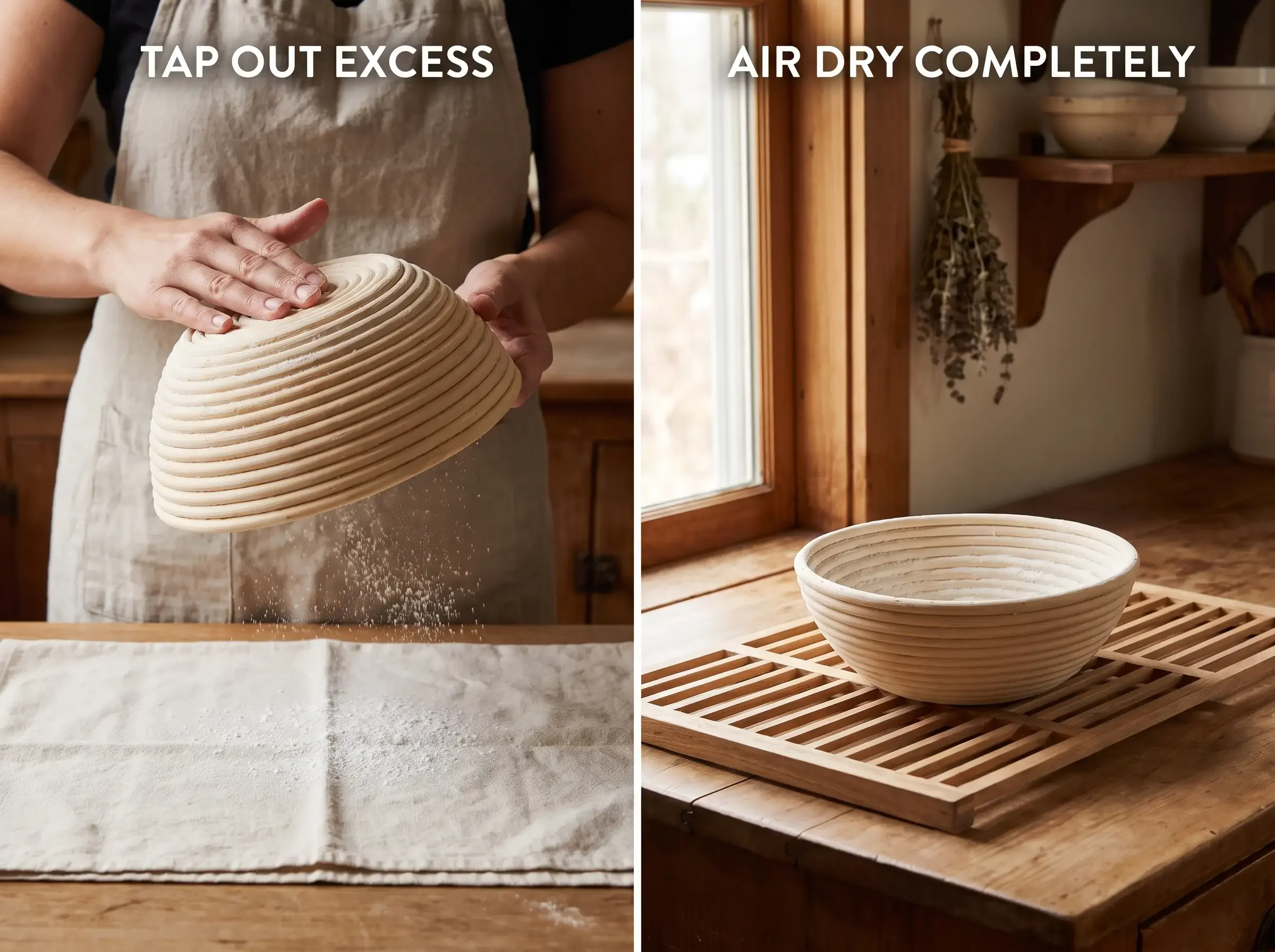 Loose rice flour tapped from a banneton before the basket air-dries on an open rack