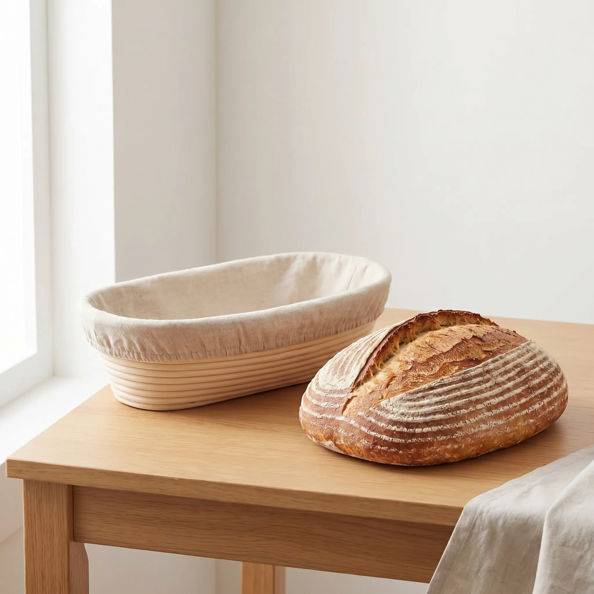 12-inch oval rattan bread proofing basket with liner next to a freshly baked artisan sourdough loaf