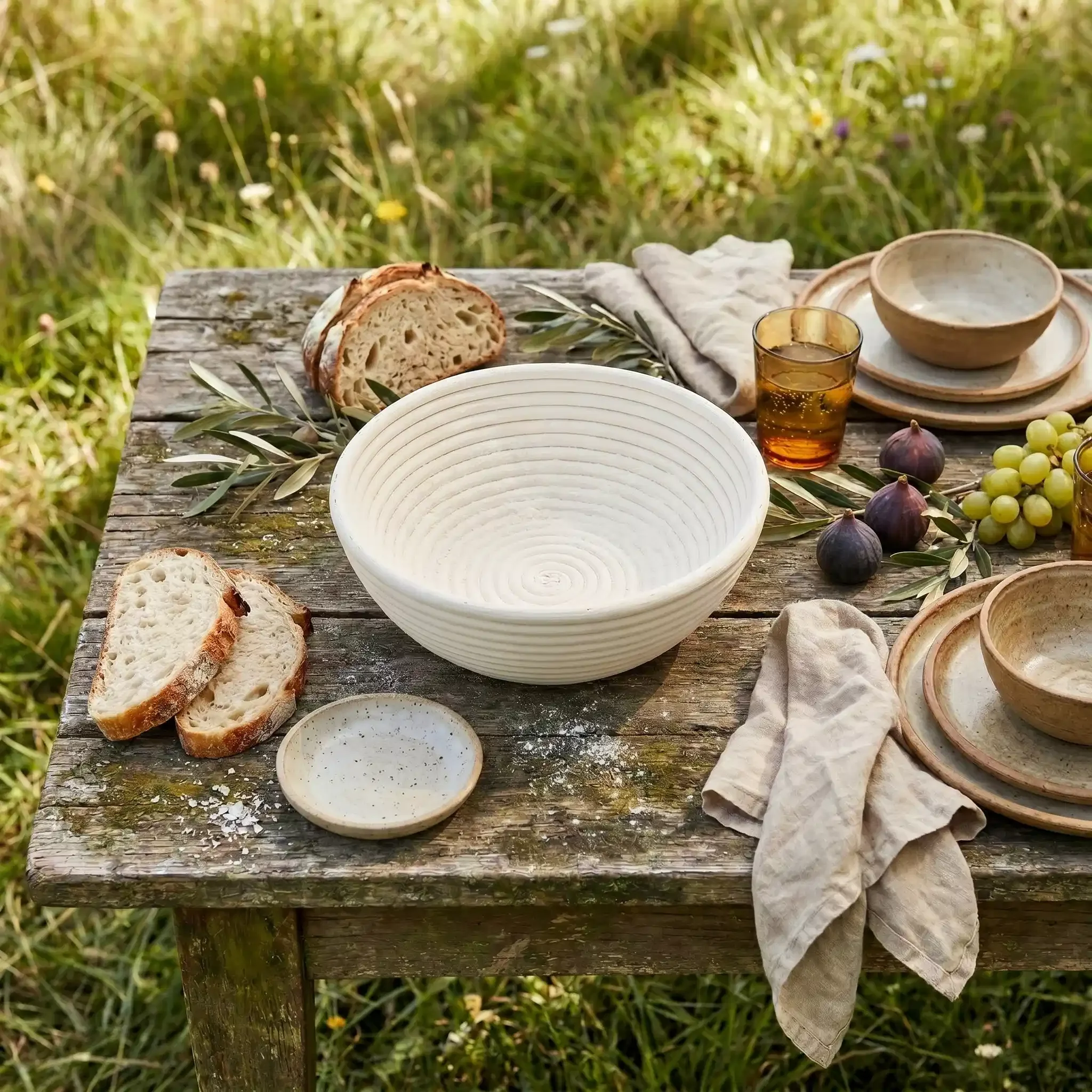 Empty 9-inch natural rattan bread proofing basket showing spiral design on an outdoor wooden table with sliced bread