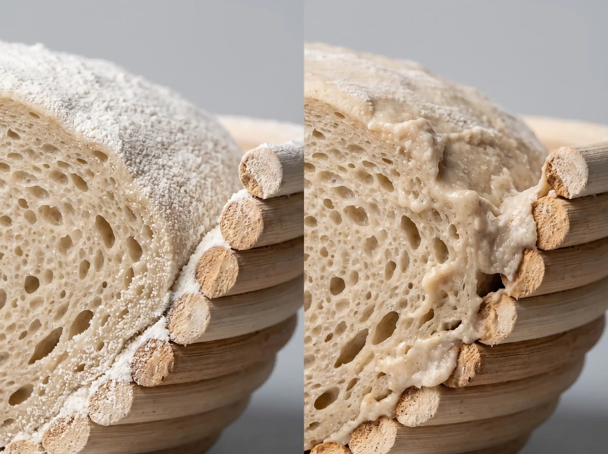 Rice flour remaining powdery beside wheat flour forming gummy patches between dough and rattan