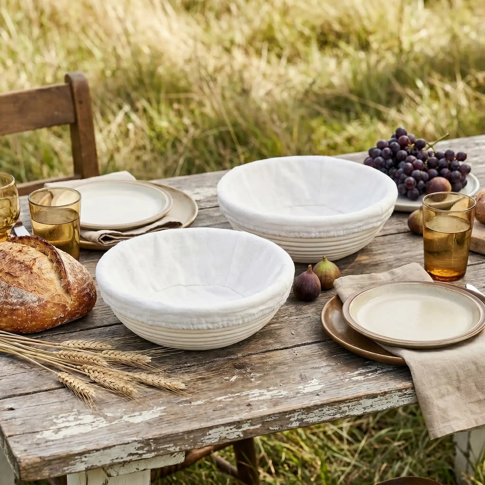 Two 9-inch round rattan bread proofing baskets with cloth liners on a rustic outdoor wooden table with fresh sourdough