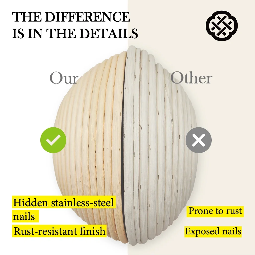 Rattan proofing basket comparison showing hidden stainless-steel nails versus exposed nails