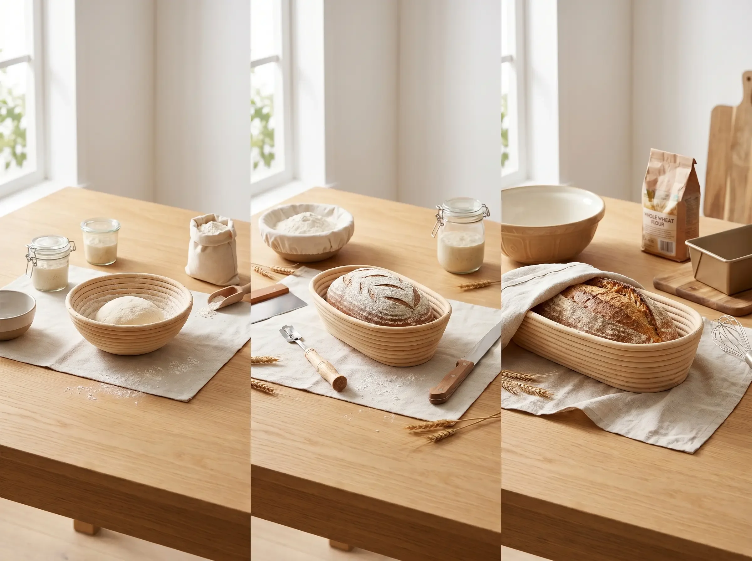 Visual guide to choosing your first banneton based on practice loaf, everyday loaf, or larger family loaf